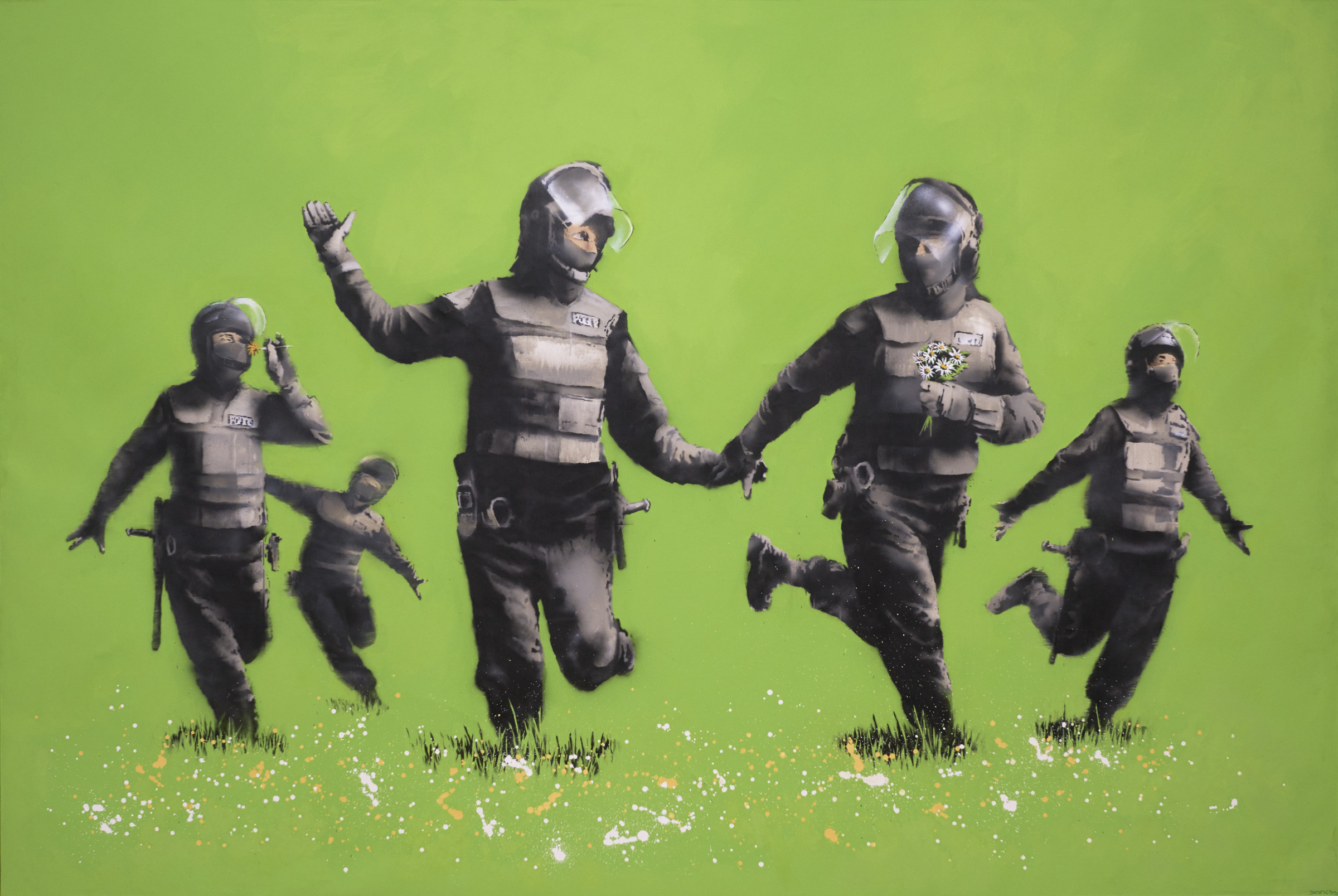 Beanfield by Banksy showing riot police skipping through a green field at Moco Museum Amsterdam