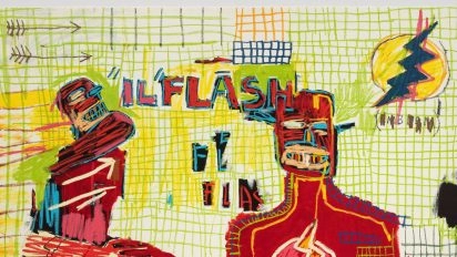 Close-up of Basquiat's colorful painting with "Il Flash" text at Moco Museum Barcelona